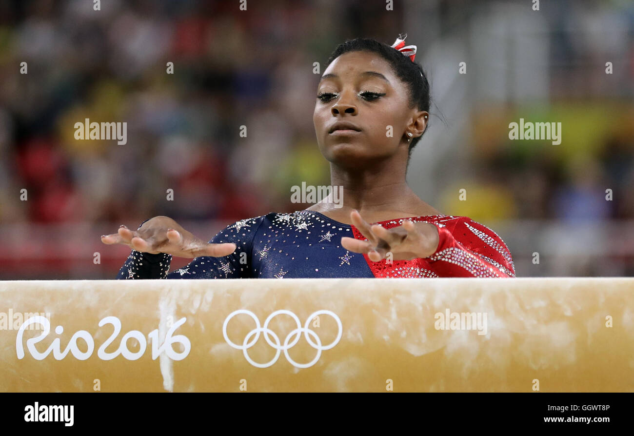 Usa S Simone Biles Performs During The Women S Artistic Gymnastics Qualification On The Second Day Of The Rio Olympics Games Brazil Stock Photo Alamy