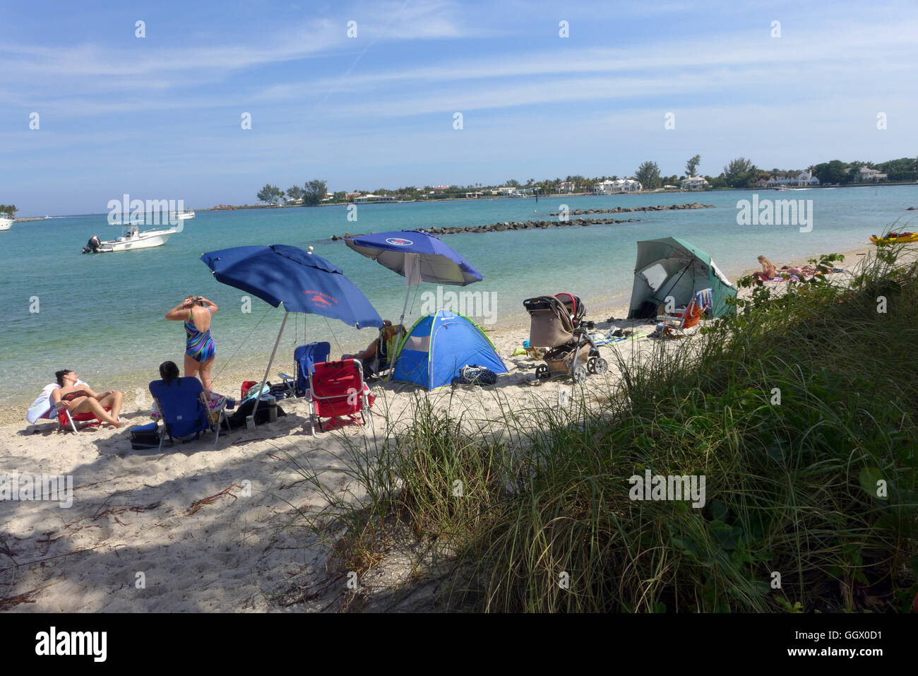 A beach on Peanut Island Park in Palm Beach County South Florida. The island is made from excavated materials. Stock Photo