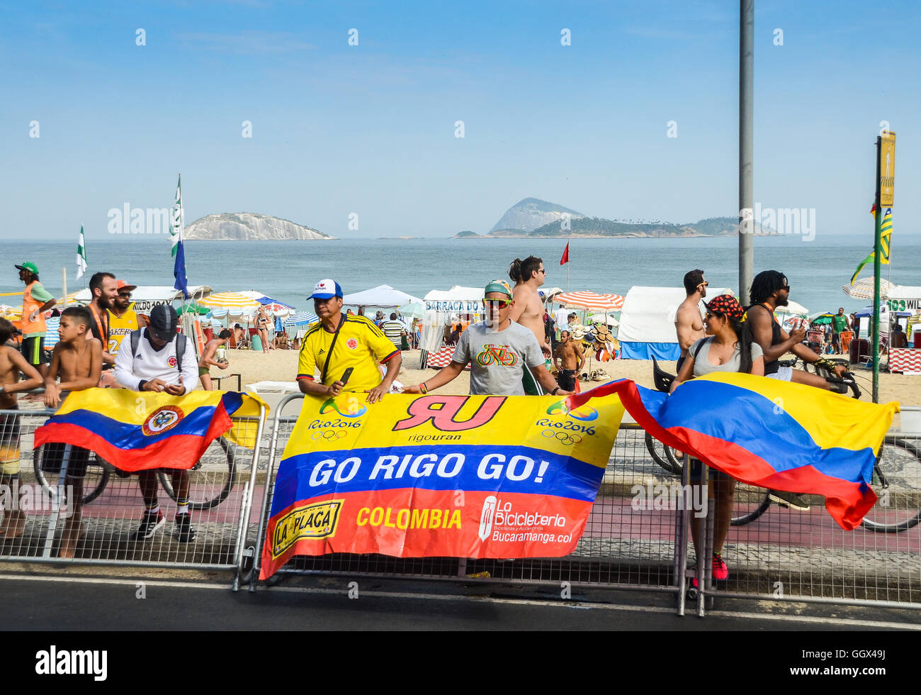 Colombian fans enjoy a day out on Ipanema beach in Rio de Janeiro, Brazil during the Rio 2016 Olympics Stock Photo