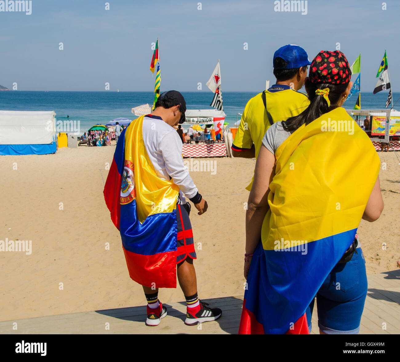 Colombian fans enjoy a day out on Ipanema beach in Rio de Janeiro, Brazil during the Rio 2016 Olympics Stock Photo