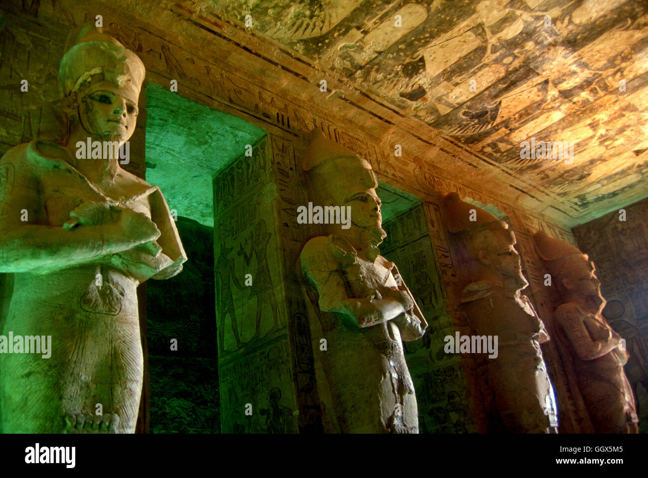 Interior statues of Rameses II inside the rock temple of Rameses II at
