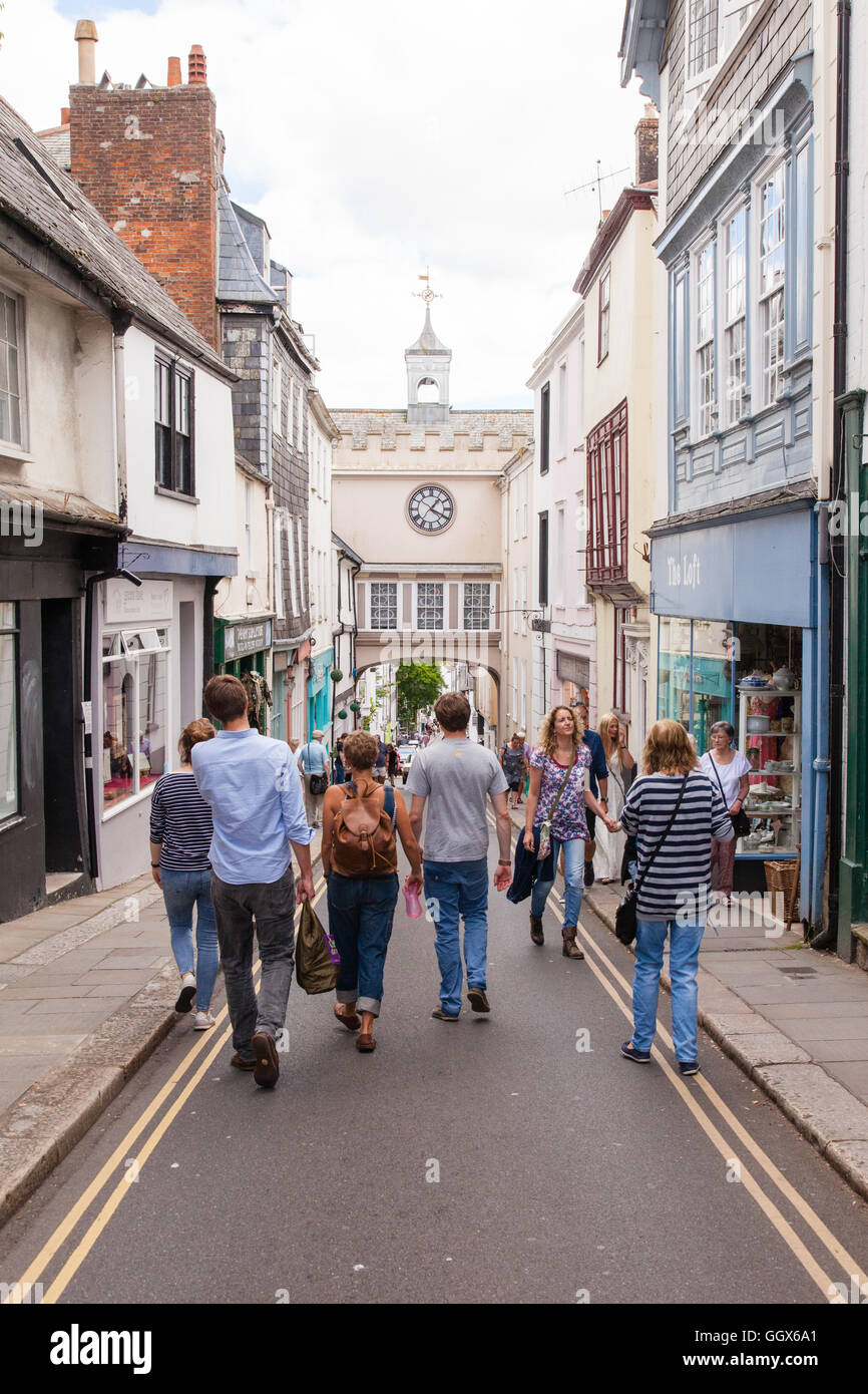 East Gate Tudor arch and clock tower in the High Street of Totnes, Devon, England, United