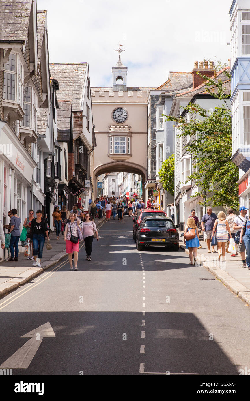 East Gate Tudor arch and clock tower in the High Street of Totnes, Devon, England, United