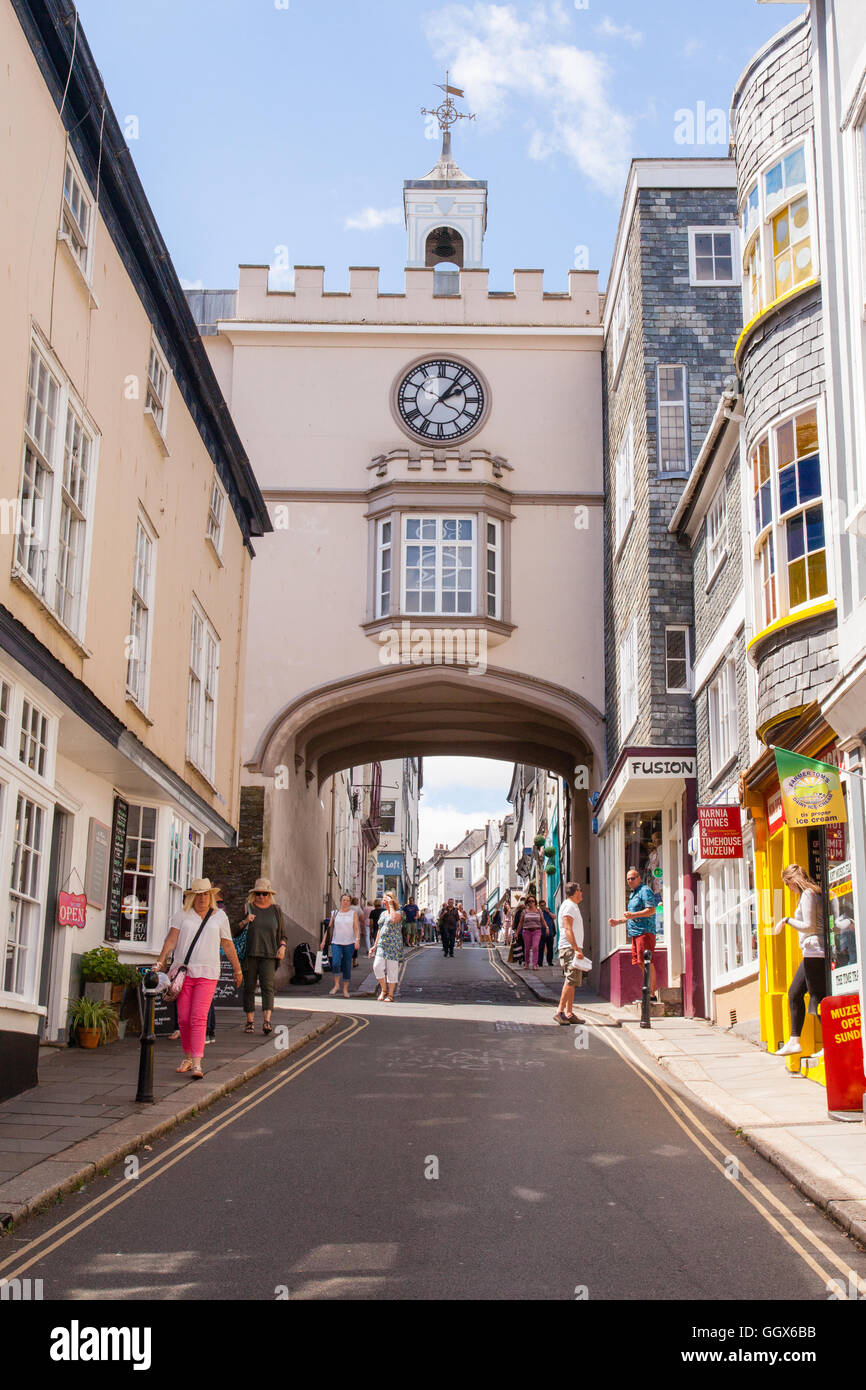 East Gate Tudor arch and clock tower in the High Street of Totnes, Devon, England, United