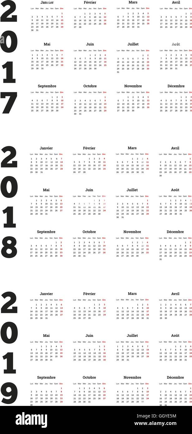 Set of simple calendars in french on 2017, 2018, 2019 years Stock Vector