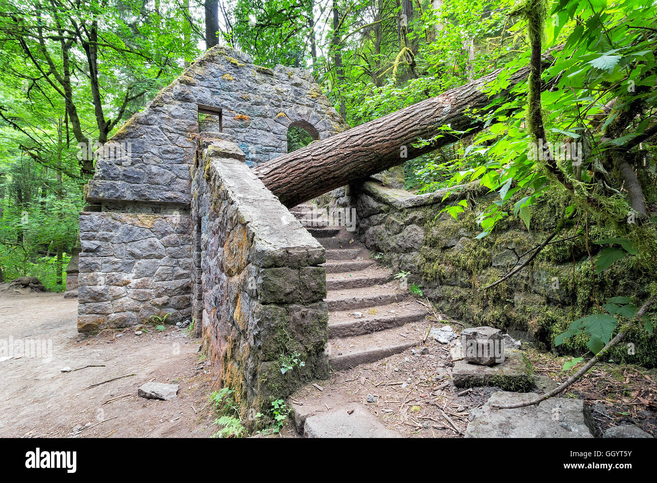 Abandoned stone castle house at Wildwood Trail in Forest Park Portland