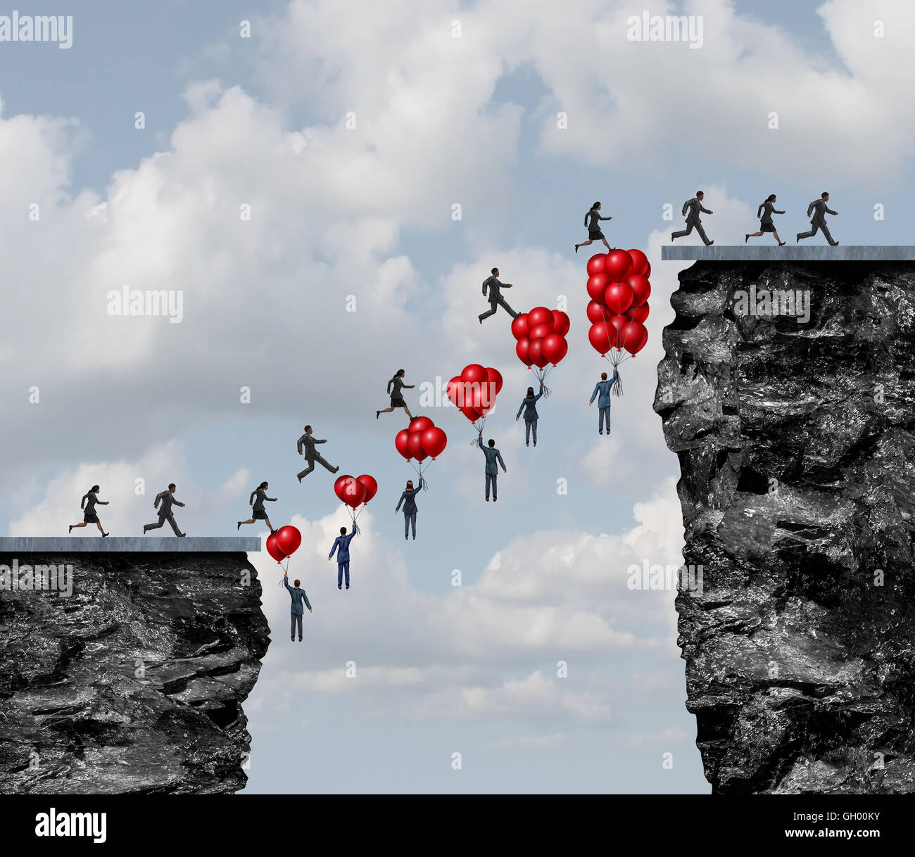 Business teamwork success and corporate team effort working together to solve challenges as a group of people holding balloons creating a successful bridge between a challenging gap with 3D illustration elements. Stock Photo
