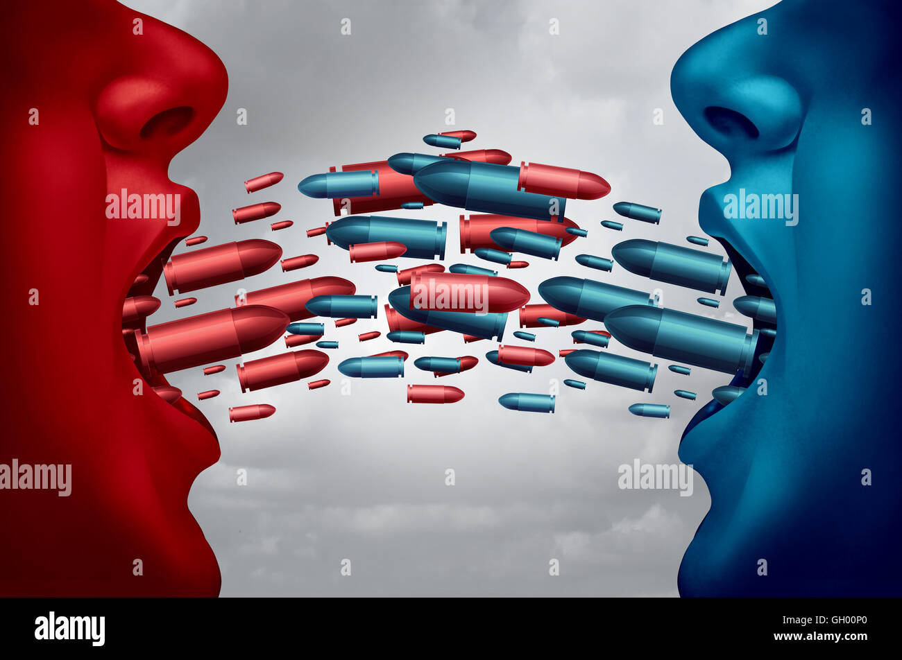 Concept of debate and political argument symbol as two opposing competitors debating and arguing with mouths open and symbolic bullets flying towards each other as an dispute metaphor with 3D illustration elements. Stock Photo
