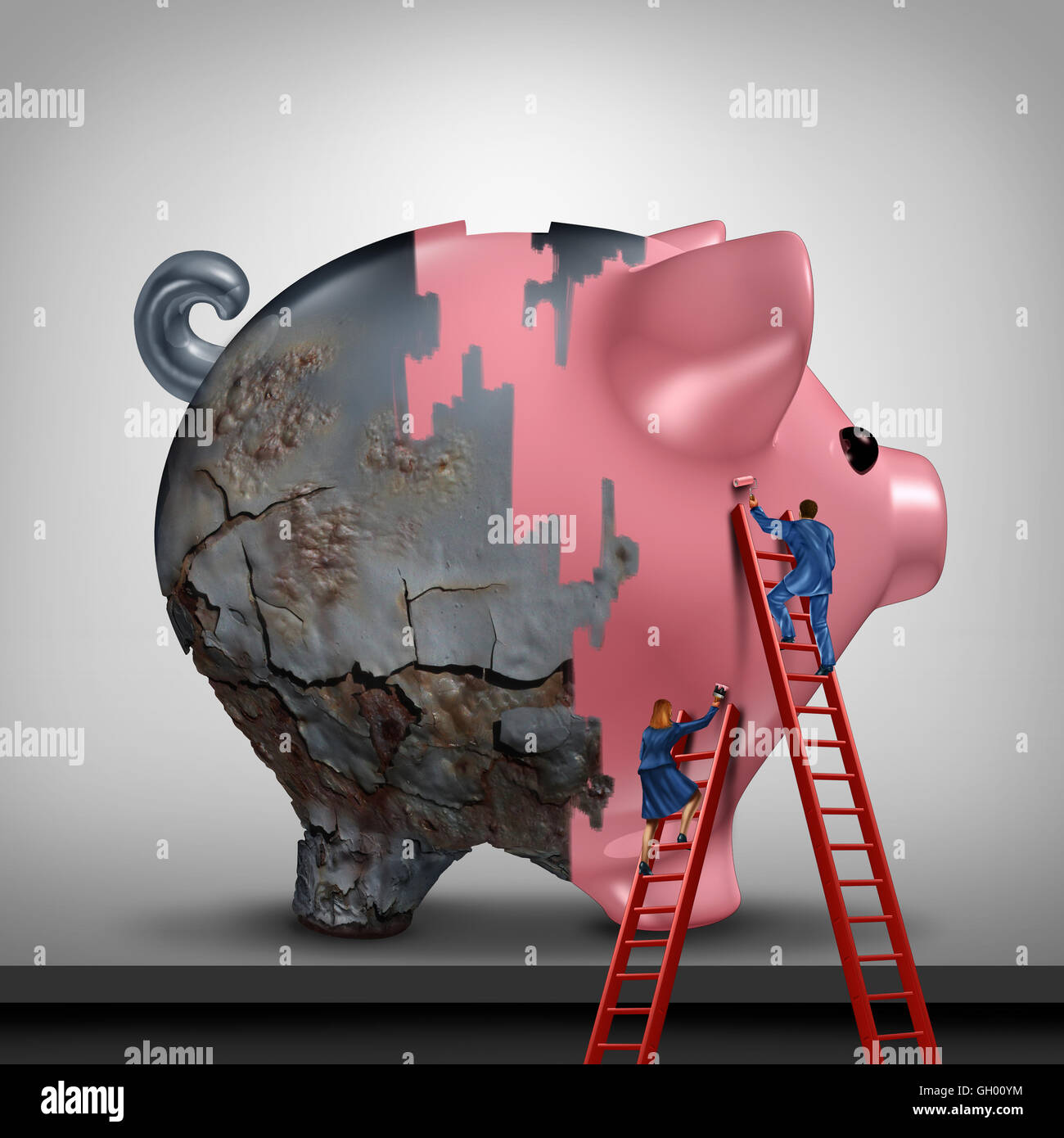 Financial credit recovery busness concept as a woman and man as bank or banking advisors repairing an old rusted piggy bank with a fresh coat of paint as a savings improvement metaphor with 3D illustration elements. Stock Photo