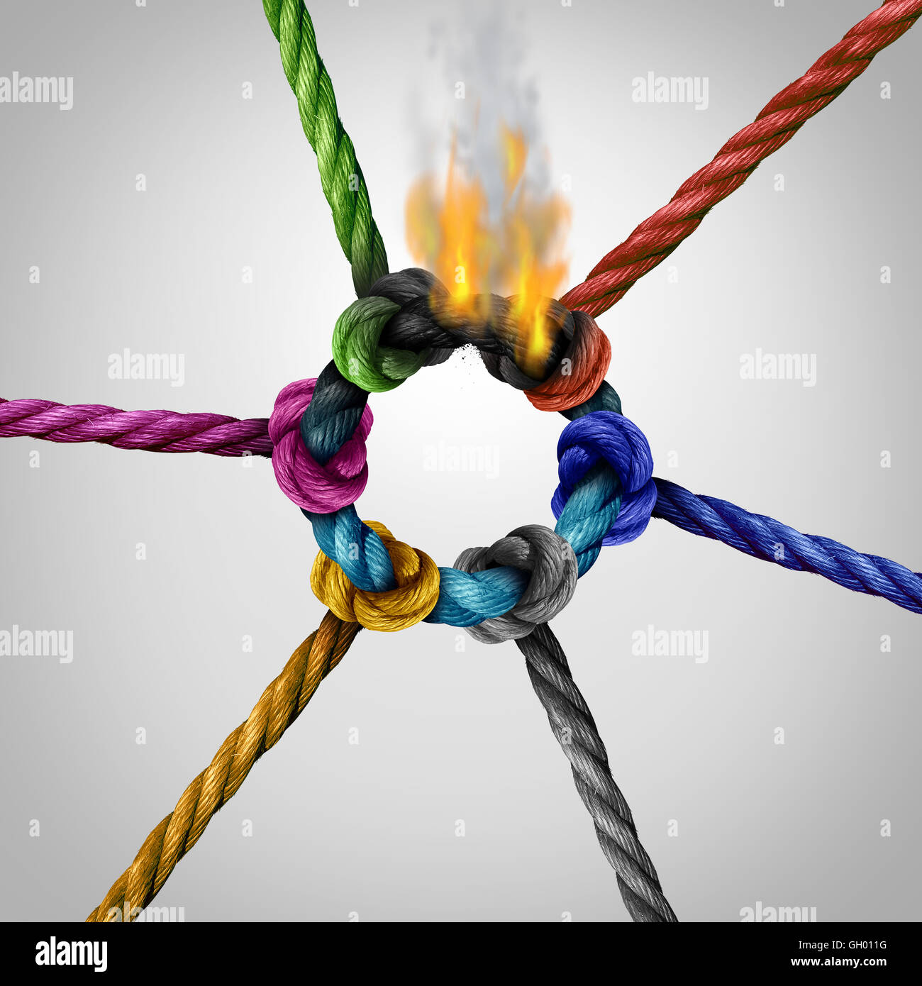 Network connection problem as a business risk concept with a group of diverse ropes connected to a circle on fire burning and breaking the link as a metaphor for connectivity trouble and linking hazard or communication failure. Stock Photo