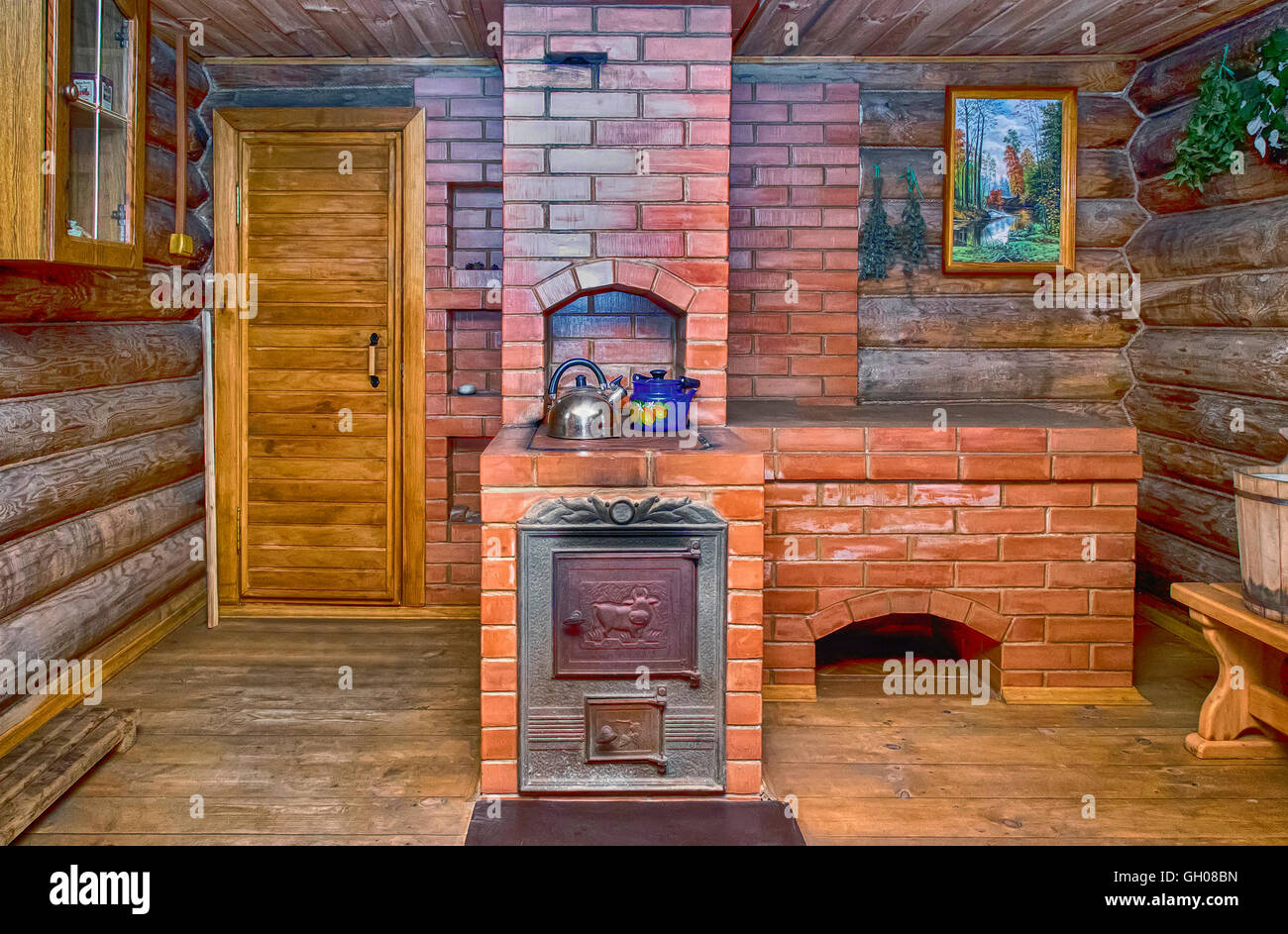 The Interior Of The Russian Bath Stove Log Walls Birch Brooms