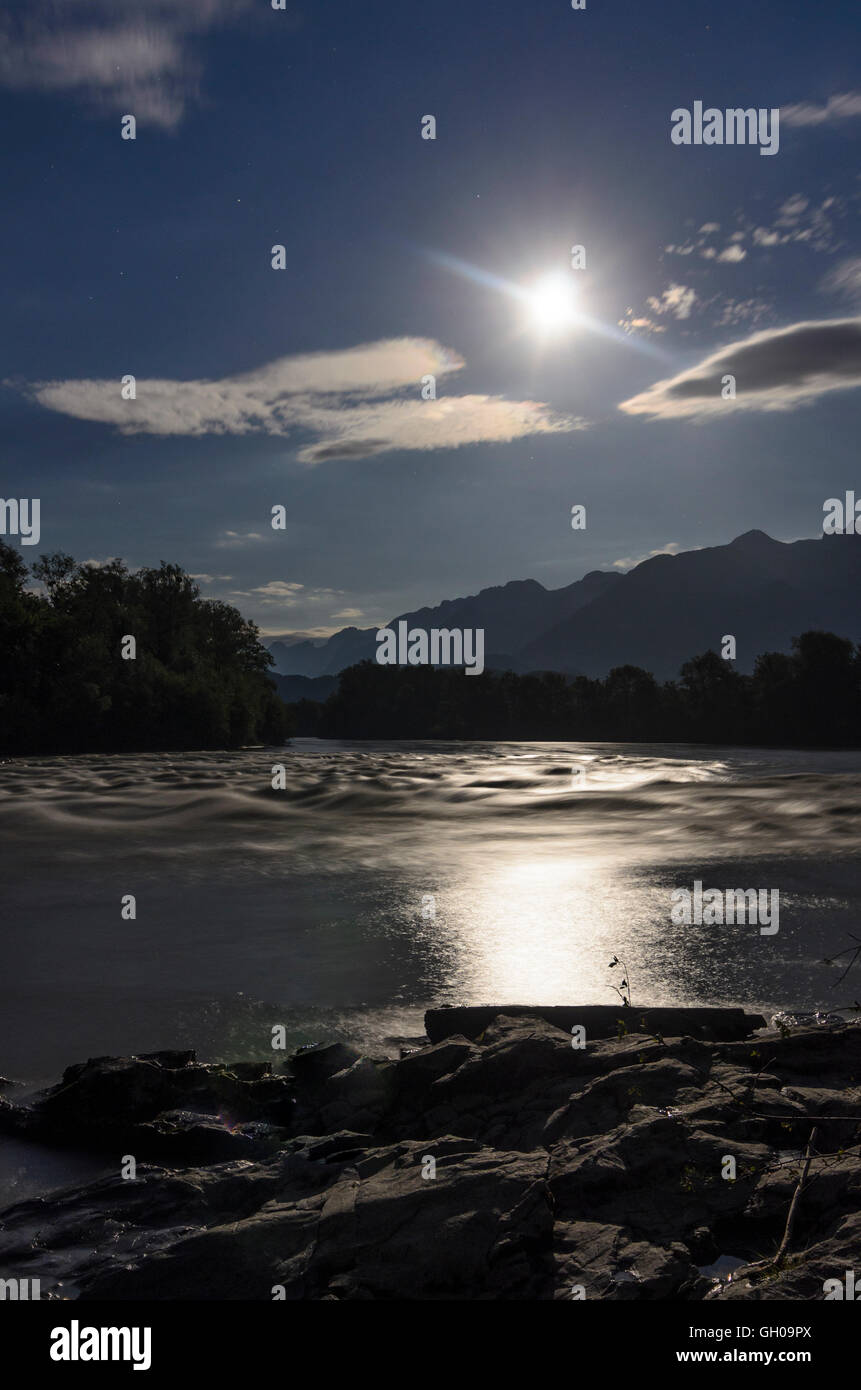 Kuchl: Salzach valley river Salzach overlooking the Hagengebirge at full moon, Austria, Salzburg, Tennengau Stock Photo