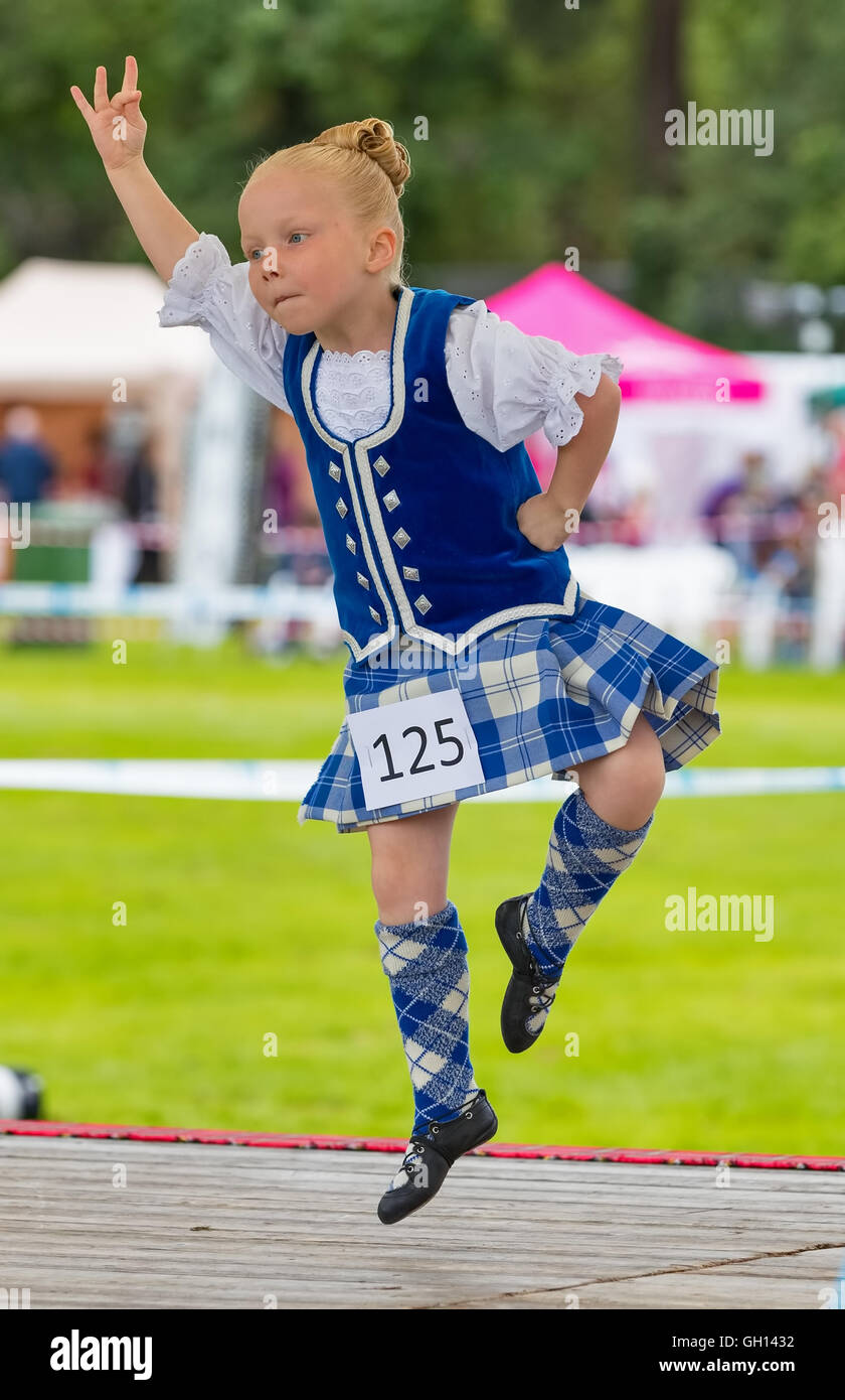 Moray, UK. 6th August, 2016. Moray, Scotland, UK. 6th August, 2016. This is Erin Forbes from Buckie, Moray, Scotland performing Highland Dancing for the judges at the Aberlour Highland Games, Moray, Scotland on 5 August 2016.  Highland Games can best be defined as a social gathering organised around sporting and musical competitions.  According to tradition, Scottish Highland Games had their beginning when the kings and clan chiefs of Scotland sought a reasonable and agreeable method of choosing the best men at arms. Credit:  JASPERIMAGE/Alamy Live News Stock Photo