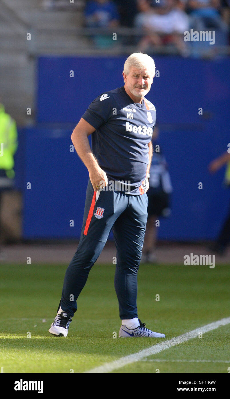 Stoke Citys coach Mark Hughes during the test match between Hamburger