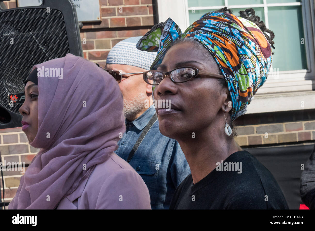 London, UK. 6th August 2016. Marcia Rigg, who has led a long and continuing family campaign to get truth and justice for her brohter Sean's killing by Brixton police at the rally outside Tottenham Police Station organised by Tottenham Rights & Mark Duggan Justice Campaign five years after Mark Duggan's death. It was on the 5th anniversary of the police response to the community here which sparked the 2011 Tottenham riots. Peter Marshall/Alamy Live News Stock Photo