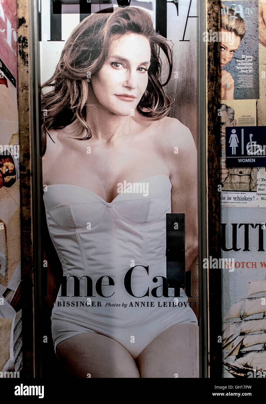 West Los Angeles, California, USA. 07th Aug, 2016. The newly-opened Nickel Bar on Santa Monica Boulevard employs pre and post-transition images of Caitlyn Jenner on its bathroom doors. The men's rest room door features a reproduction of the BRUCE JENNER Wheaties box produced after his gold medal win in the decathlon in 1976, and the ladies room is decorated with the Vanity Fair cover photograph of CAITLYN JENNER by Annie Leibovitz. Credit:  Brian Cahn/ZUMA Wire/Alamy Live News Stock Photo