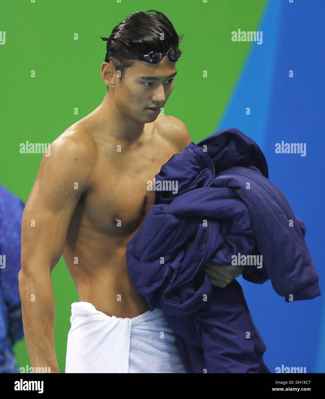 Rio de Janeiro, Brazil. 07th Aug, 2016. Ning Zetao of China reacts after a heat of men's 4X100m freestyle relay of swimming at the 2016 Rio Olympic Games in Rio de Janeiro, Brazil, on Aug. 7, 2016. Credit:  Xinhua/Alamy Live News Stock Photo