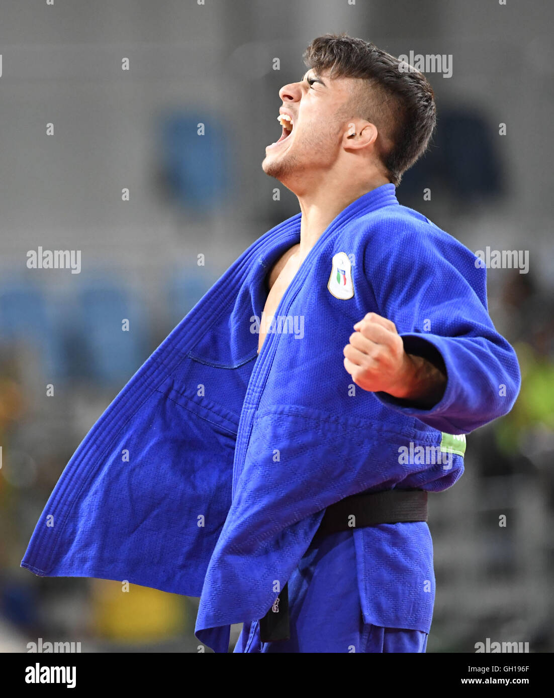 Rio de Janeiro, Brazil. 07th Aug, 2016. Gold medallist Italy's Fabio Basile celebrates after the men's -66kg judo final at the Rio 2016 Olympic Games in Rio de Janeiro on Aug. 7, 2016. Credit:  Xinhua/Alamy Live News Stock Photo
