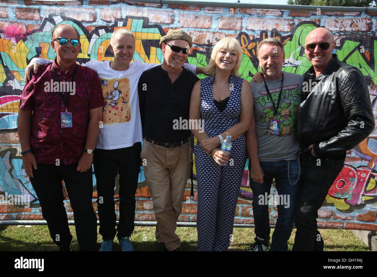 Siddington, Cheshire, UK. 7th Aug, 2016. The British Electronic Foundation including Peter Hook of Joy Division, Heaven 17's Glenn Gregory, The Farm's Peter Hooton backstage at Rewind Festival North at Capesthorne Hall, near Macclesfield. Credit:  Simon Newbury/Alamy Live News Stock Photo