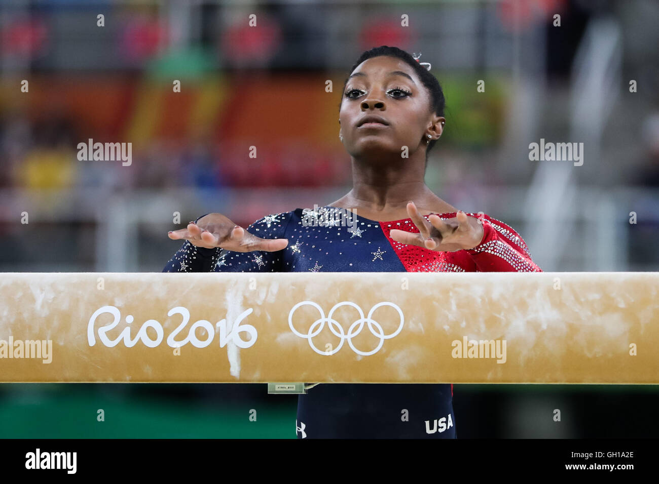 Rio de Janeiro, Brazil. 07th Aug, 2016. Simone Biles of the United States acts during women's qualification match of balance Beam of Artistic Gymnastics at the 2016 Rio Olympic Games in Rio de Janeiro, Brazil, on Aug. 7, 2016.?Xinhua/Zheng Huansong?(xr) Credit:  Xinhua/Alamy Live News Stock Photo