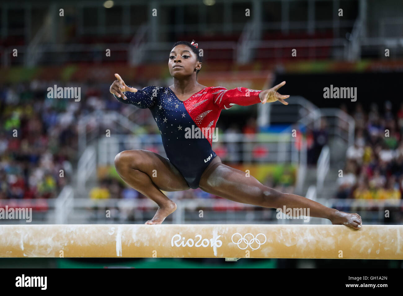 Rio de Janeiro, Brazil. 07th Aug, 2016. Simone Biles of the United States acts during women's qualification match of balance Beam of Artistic Gymnastics at the 2016 Rio Olympic Games in Rio de Janeiro, Brazil, on Aug. 7, 2016.?Xinhua/Zheng Huansong?(xr) Credit:  Xinhua/Alamy Live News Stock Photo