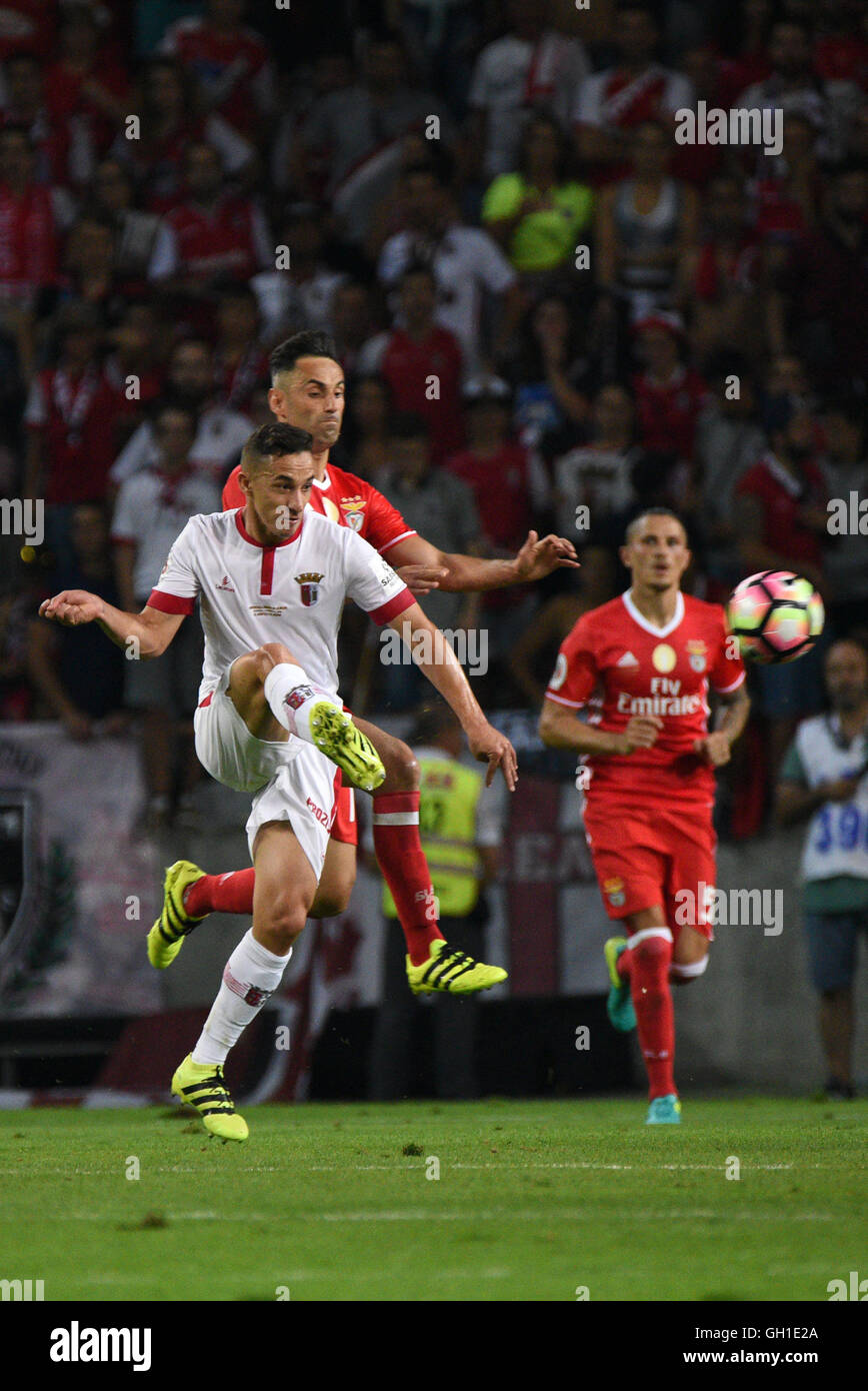 SL Benfica's striker Joanas vies for the ball with SC Braga's Mauro during the Supertaca Candido Oliveira football match in Aveiro, Portugal Stock Photo