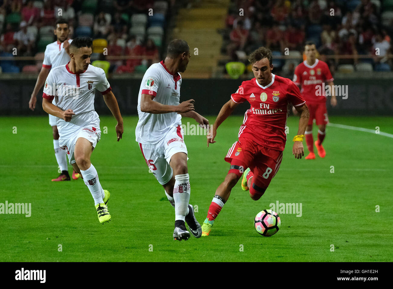 SL Benfica's Andre Horta vies for the ball with SC Braga's Baiano during the Supertaca Candido Oliveira football match in Aveiro, Portugal Stock Photo