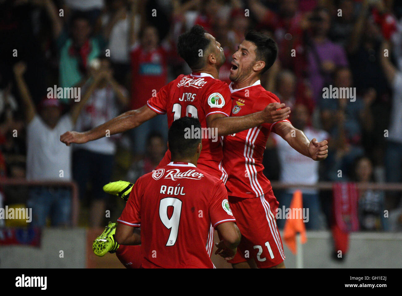 SL Benfica's striker Jonas and his teammate Pizzi celebrate their team's second goal against SC Braga during the Supertaca Candido Oliveira football match in Aveiro, Portugal Stock Photo