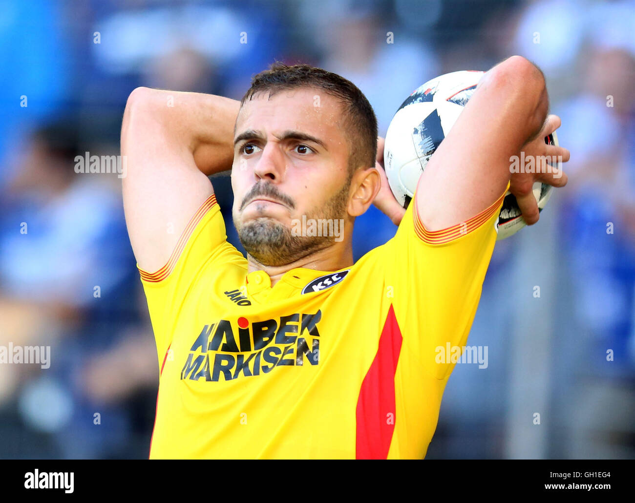 Bielefeld, Germany. 7th Aug, 2016. Karlsruhe's Ylli Sallahi in action during the 2nd Bundesliga Soccer match between Arminia Bielefeld and Karlsruher SC at Schueco Arena in Bielefeld, Germany, 7 August 2016. PHOTO: OLIVER KRATO/dpa/Alamy Live News Stock Photo