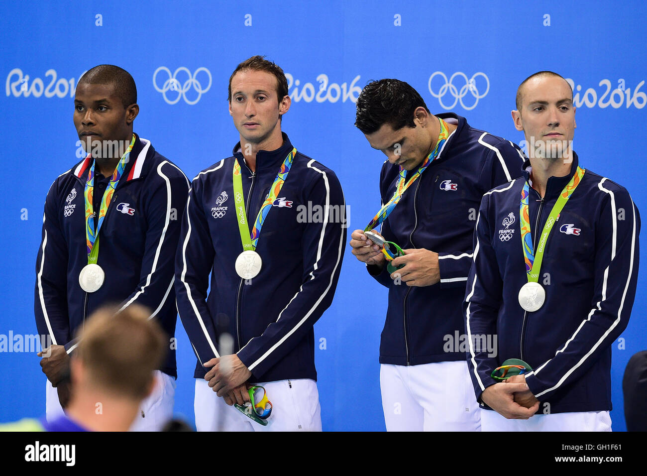 Rio de Janeiro, Brazil. 07th Aug, 2016. Rio 2016 Olympic Games at the Olympic Aquatics Stadium, in Rio de Janeiro. The French team silver medal in Relay 4 x 100M © Action Plus Sports/Alamy Live News Stock Photo