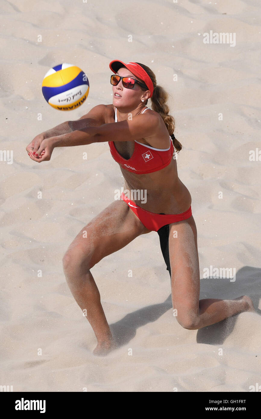Rio de Janeiro, Brazil. 8th Aug, 2016. Anouk Verge-Depre of Switzerland in  action during the Women's Preliminary match between Forrer/Verge-Depre of  Switzerland and Artacho Del Solar/Laird of Australia of the Beach Volleyball
