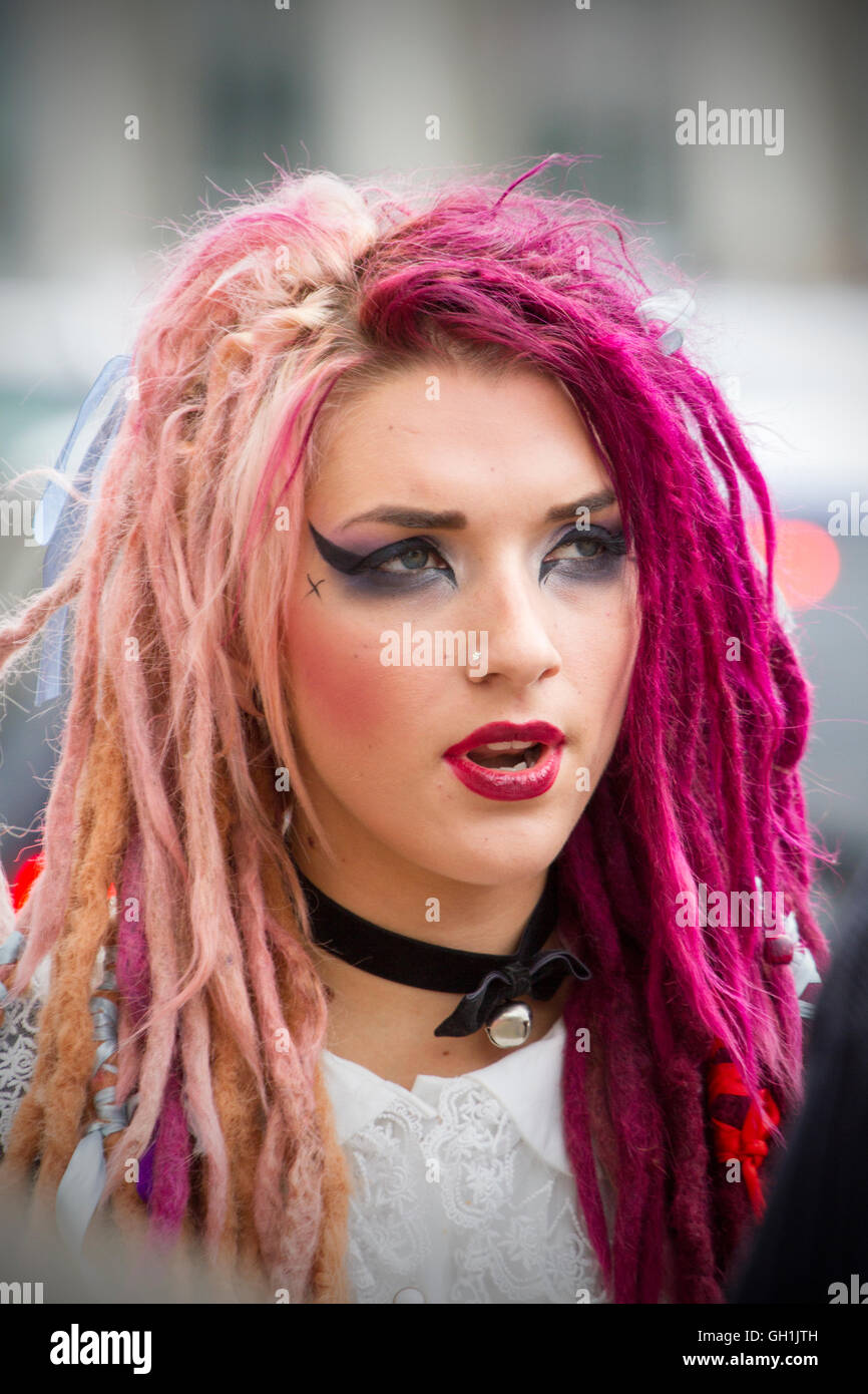 a punk rock rebel rebelling rebellion Blackpool festival spike spiked spiky mohican mohawk hair hairstyle outlaw steampunk doc martens rock rocker Stock Photo