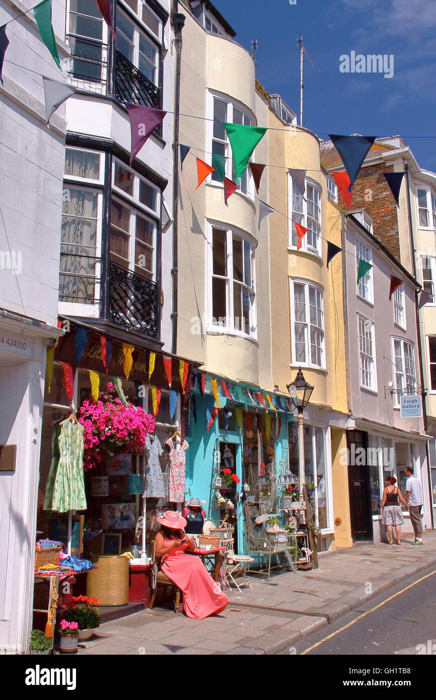 A commercial street with colourful houses in Hastings old town