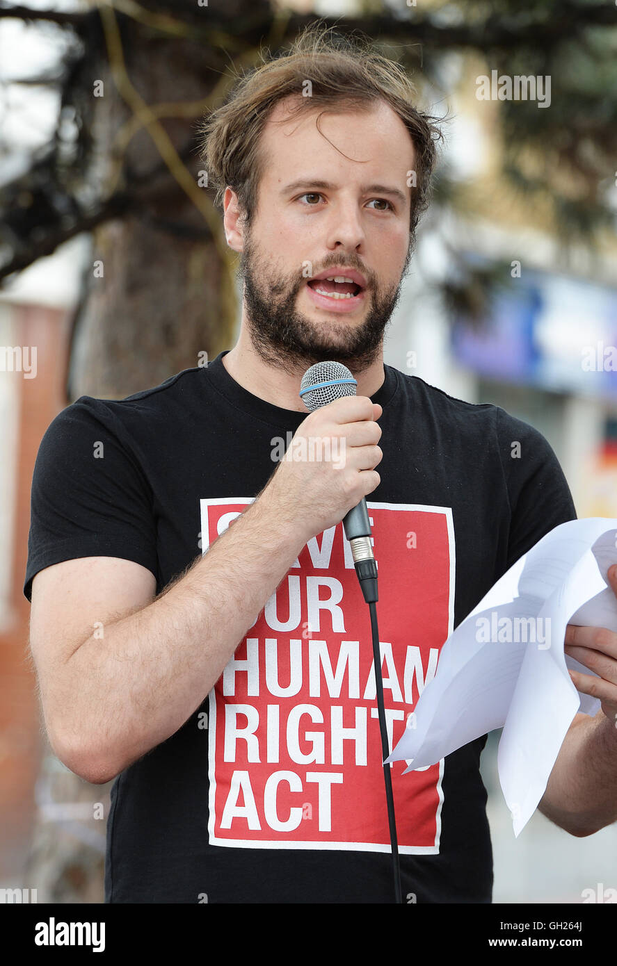 Ian Brown from the Liberty campaign speaks during a protest against new local council Public Space Protection Orders (PSPO), in Gillett Square Dalston, London. Stock Photo
