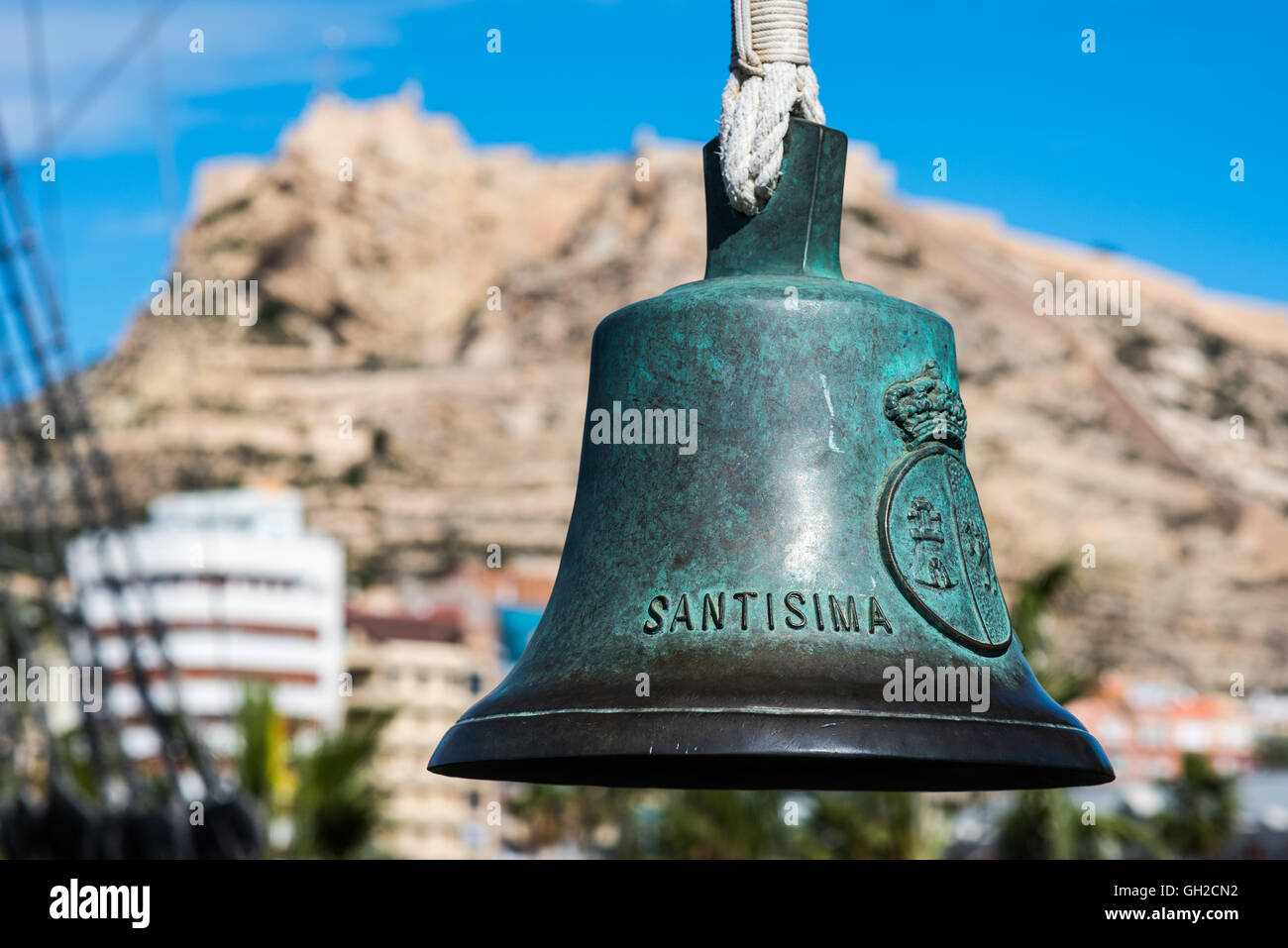 Close-up of bell of 'Santisima Trinidad' ship in the port of Alicante Stock Photo