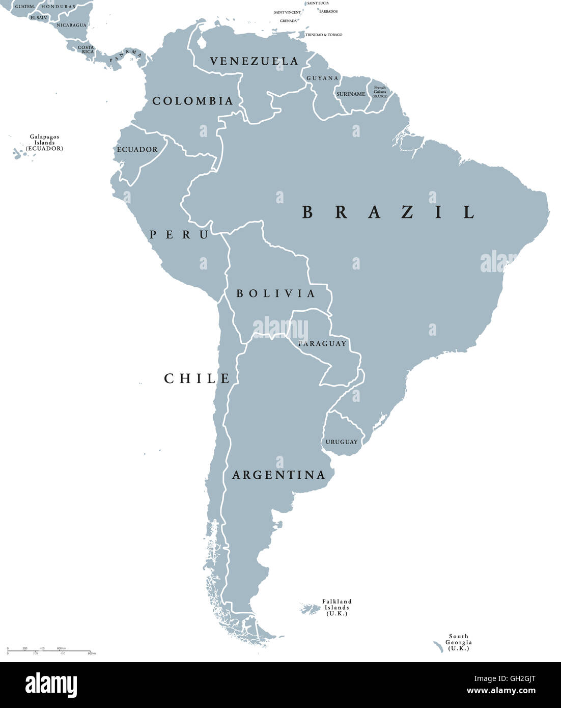 South America countries political map with national borders. Continent surrounded by Pacific and Atlantic Ocean. Stock Photo