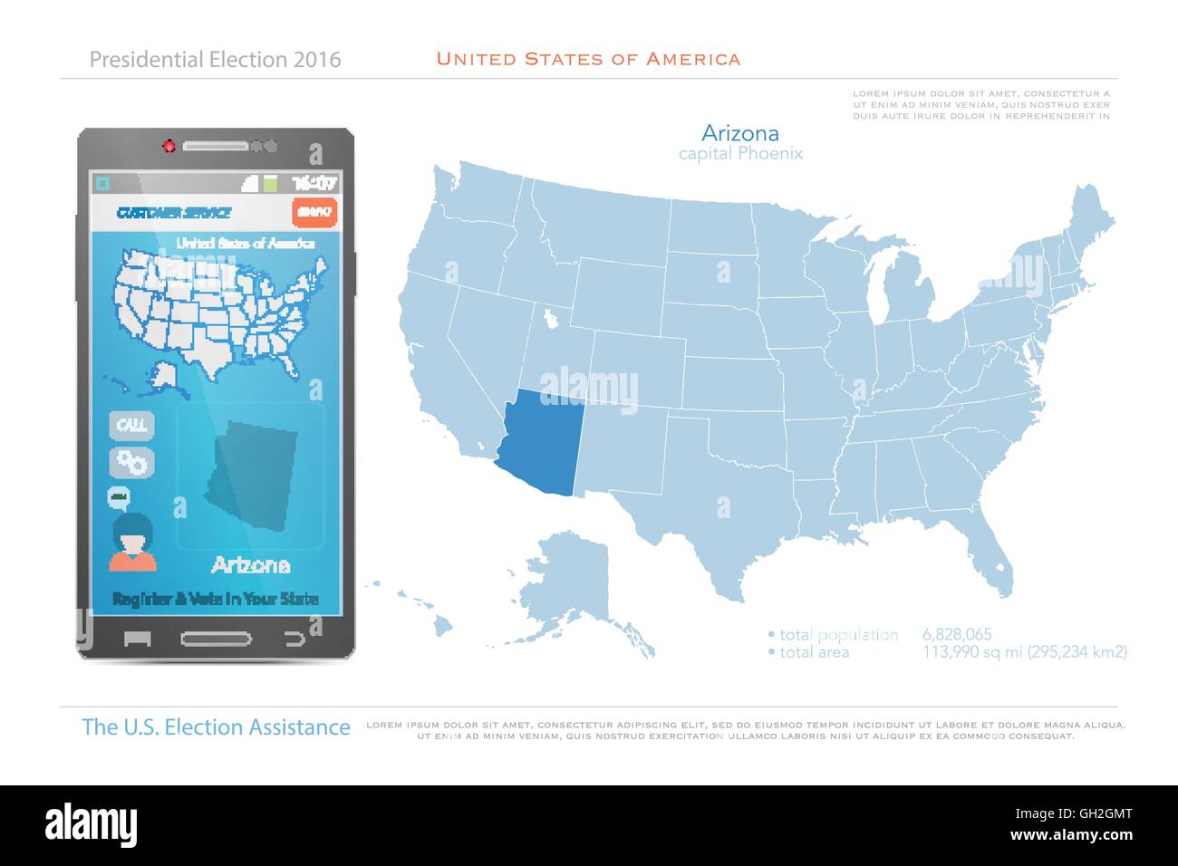 United States of America maps and Arizona state territory. vector USA