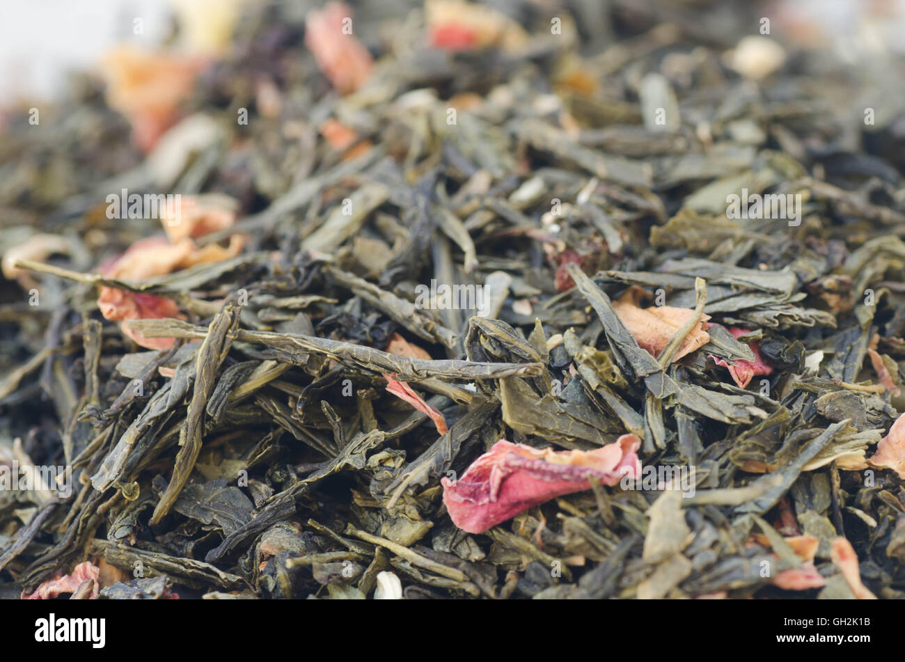 closeup to dried white tea leaves with flower petals Stock Photo Alamy