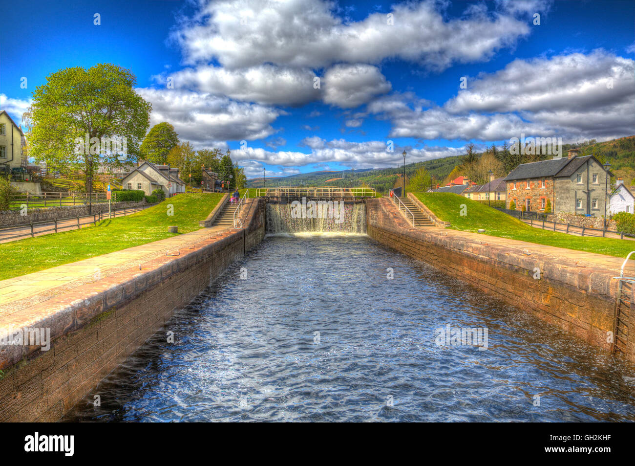 Caledonian canal lock gate Fort Augustus Scotland UK in colourful HDR Stock Photo