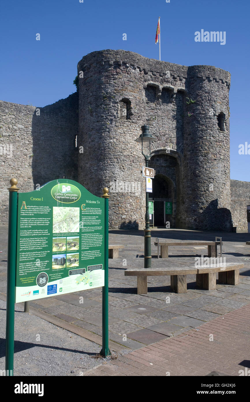 Carmarthen castle with explanatory sign Stock Photo