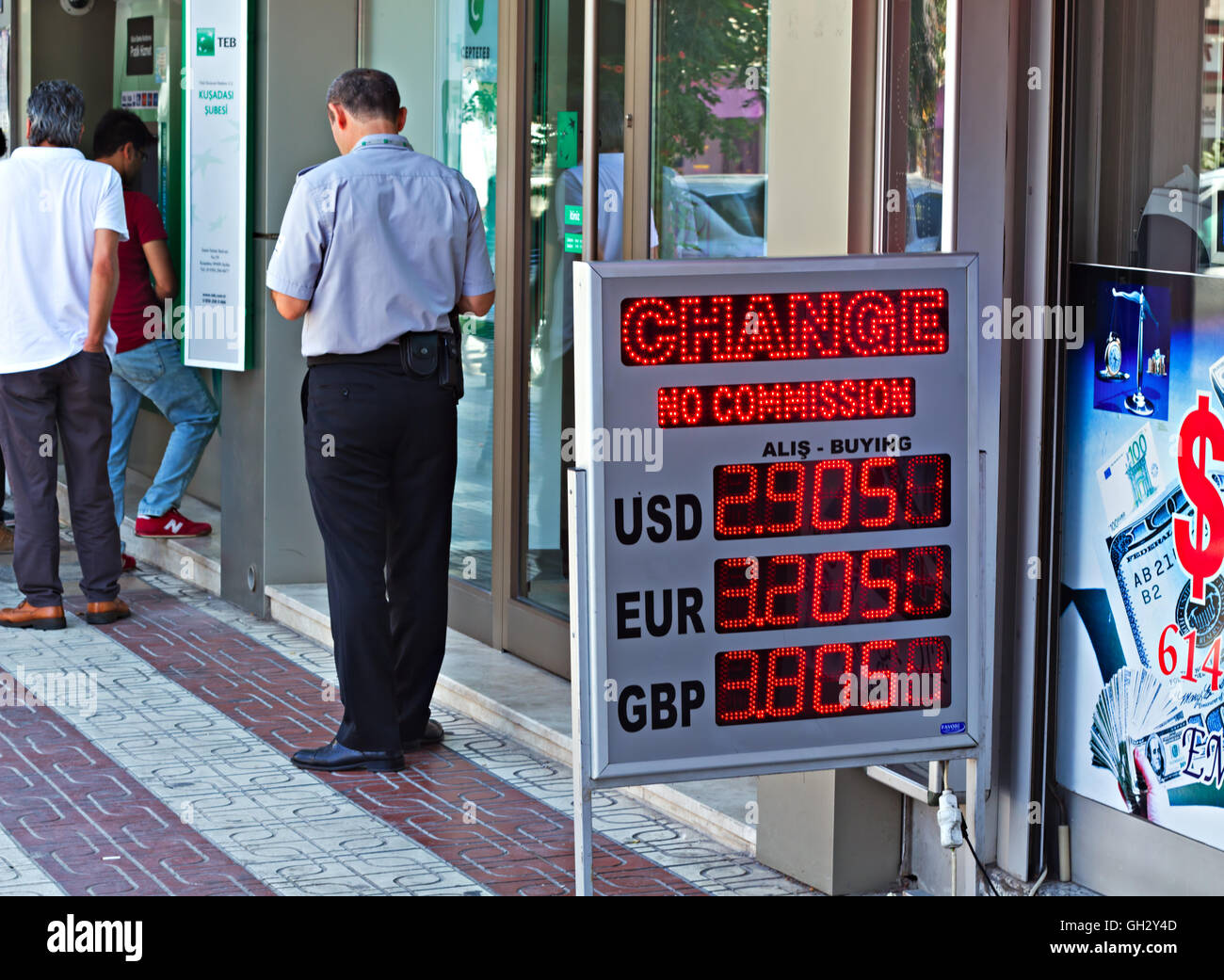 Currency exchange shop showing the rate for Turkish Lira in Kusadasi Turkey Stock Photo