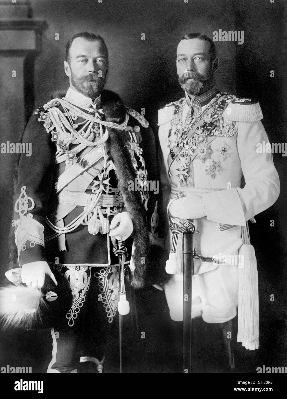 George V and Tsar Nicholas II. Portrait of King George V (1865-1936) and Tsar Nicholas II (1868-1918). Photo from Bains News Service, c.1913. Stock Photo