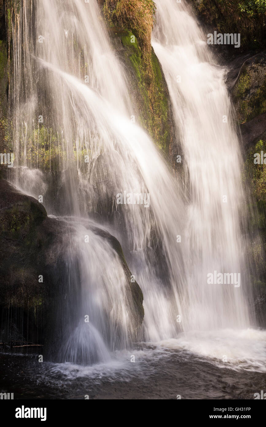 Posforth Gill Waterfall in idyllic peaceful countryside (stream water flowing over rocky cliff into pond) - Bolton Abbey, Yorkshire Dales, England, UK Stock Photo