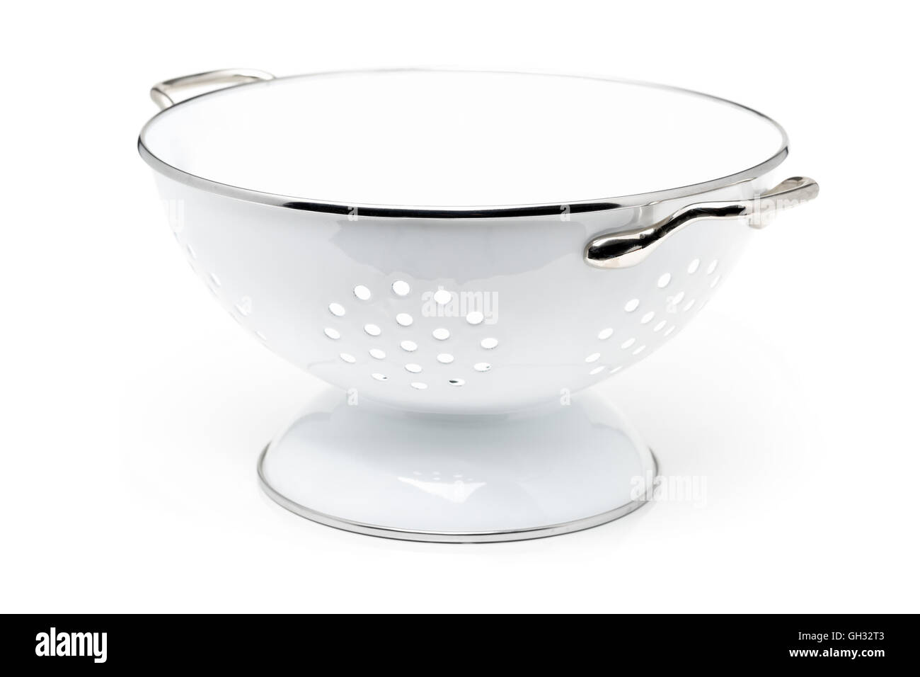 Empty white colander over white background Stock Photo Alamy