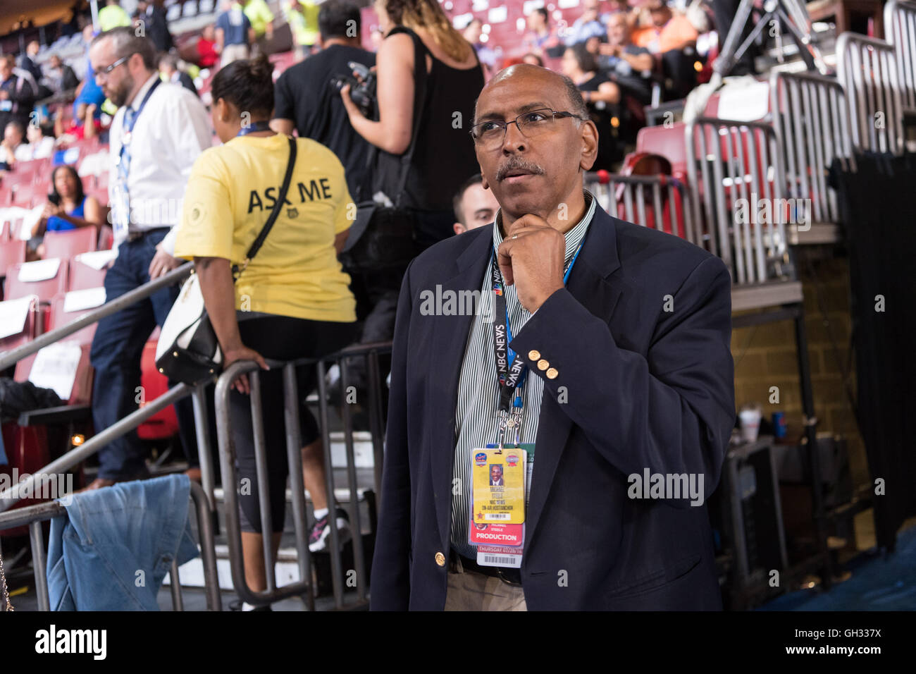Former chairman of the Republican Party Michael Steele views the scene on the delegate floor before the start of the final day of the Democratic National Convention at the Wells Fargo Center July 28, 2016 in Philadelphia, Pennsylvania. Stock Photo