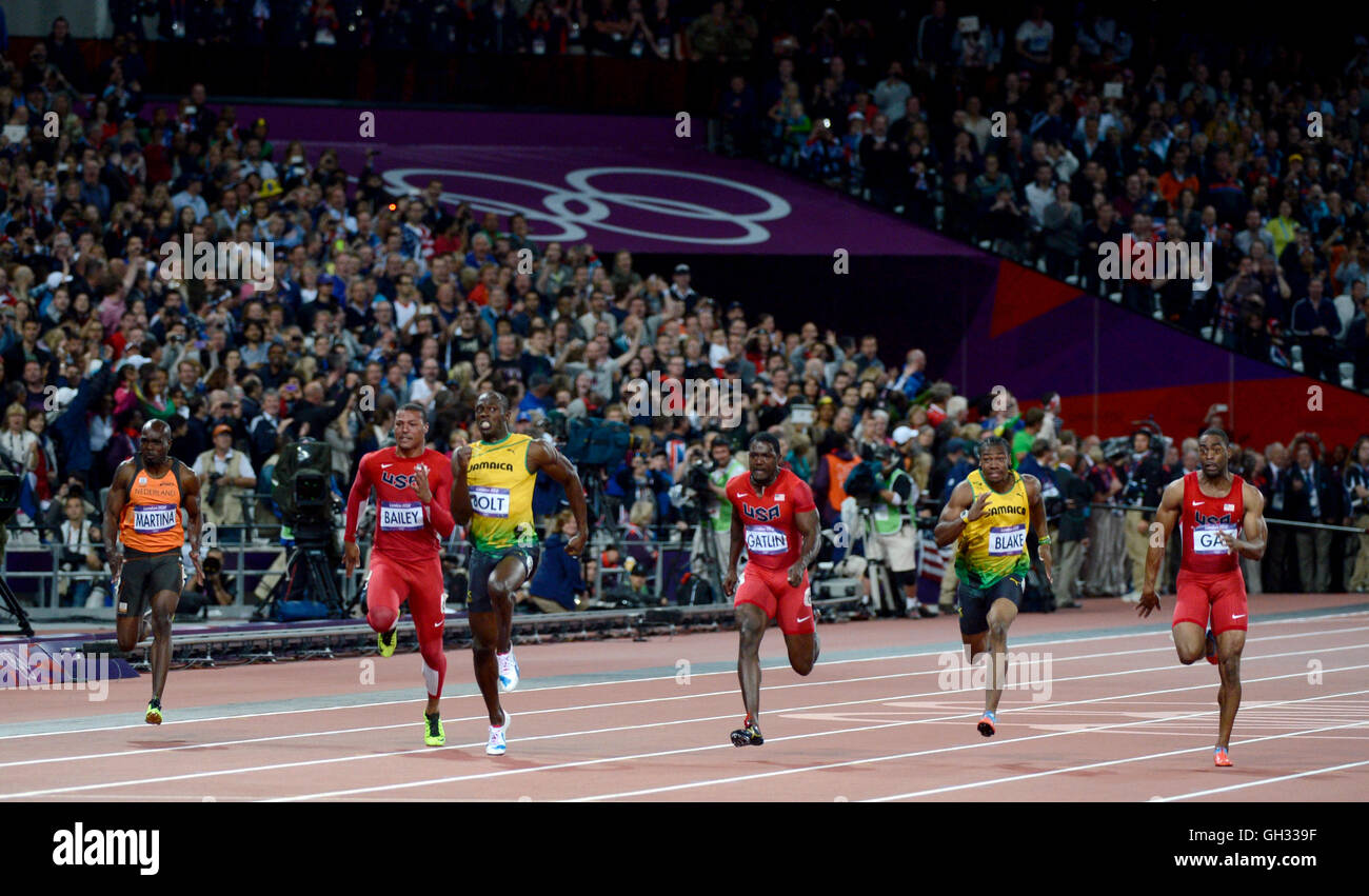 London 2012  - Olympics:   Men's 100 meter finals.   Usain Bolt of Jamaica pulls away to victory and a repeat gold medal in the Stock Photo