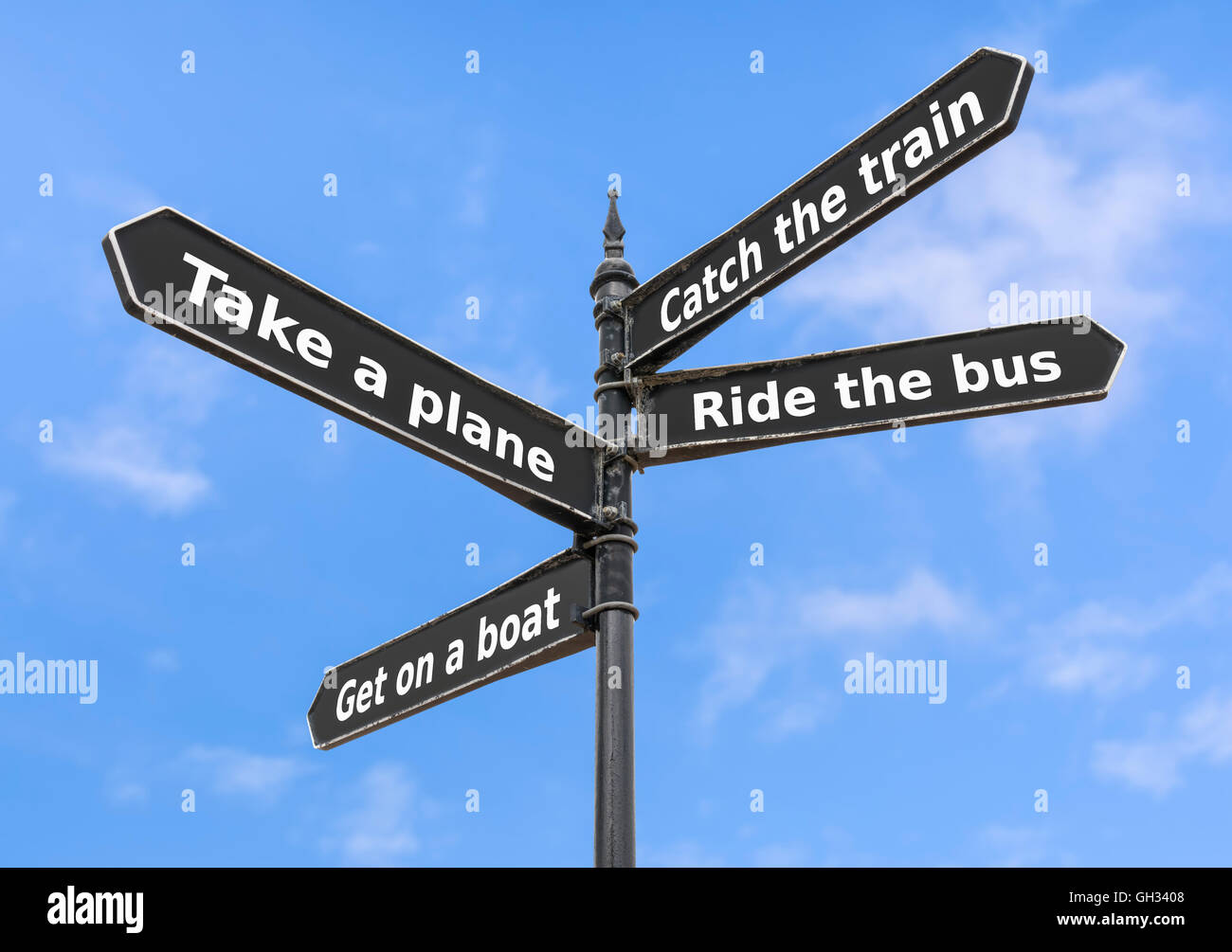 Transport options on a finger post sign. Stock Photo