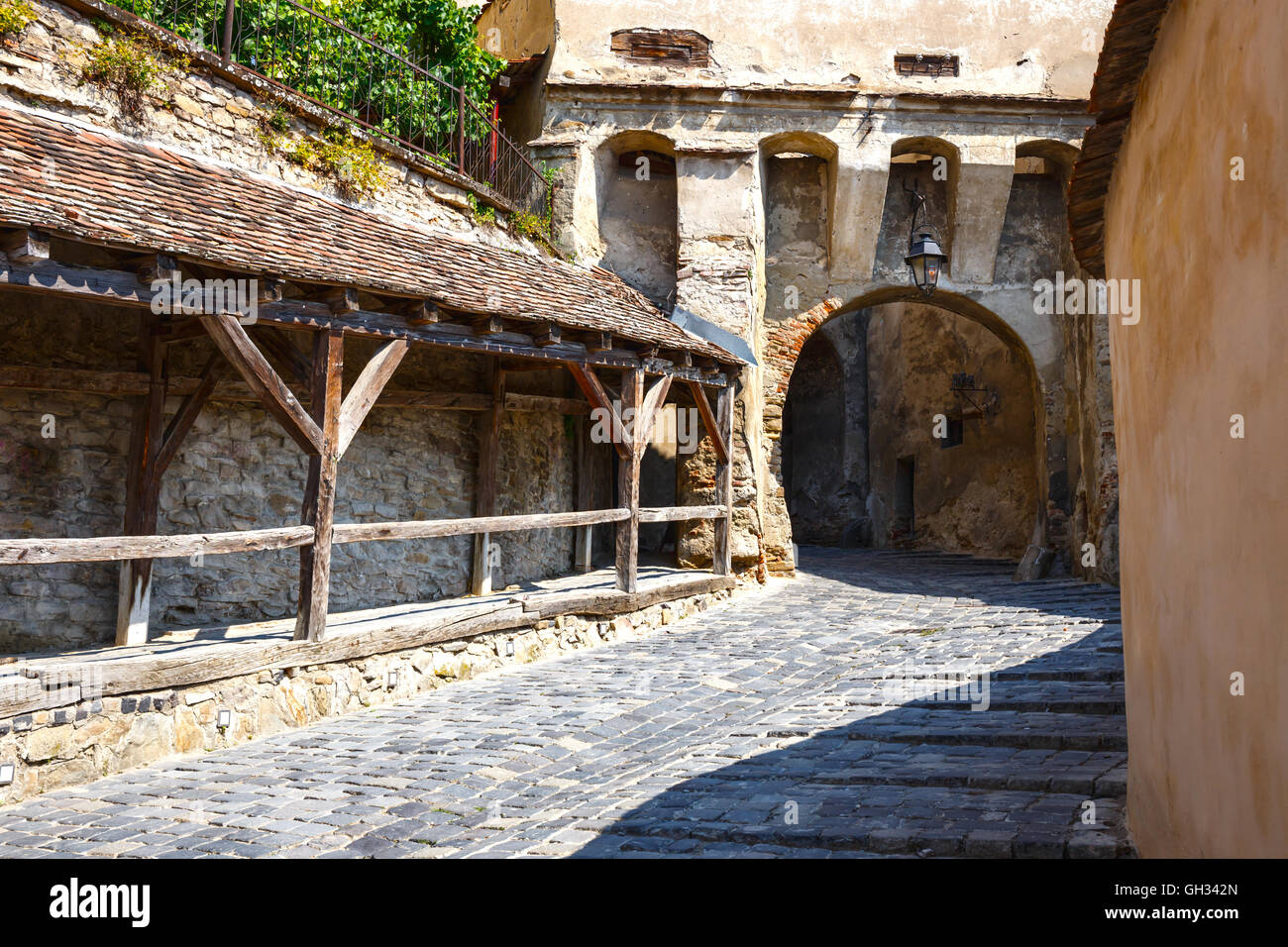 Medieval street view in Sighisoara, Romania Stock Photo - Alamy