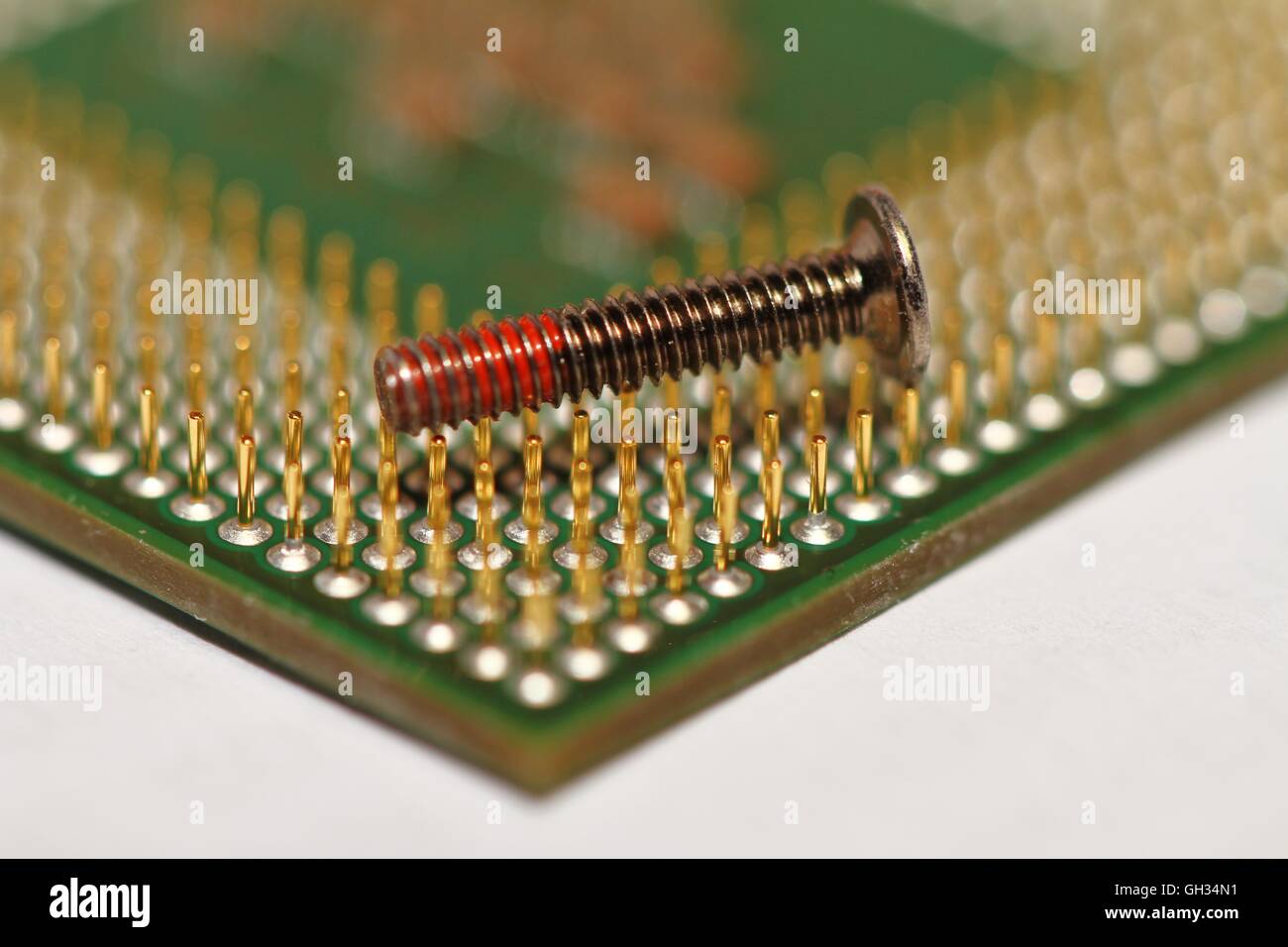 Macro shot of a computer processor with a screw for scale Stock Photo
