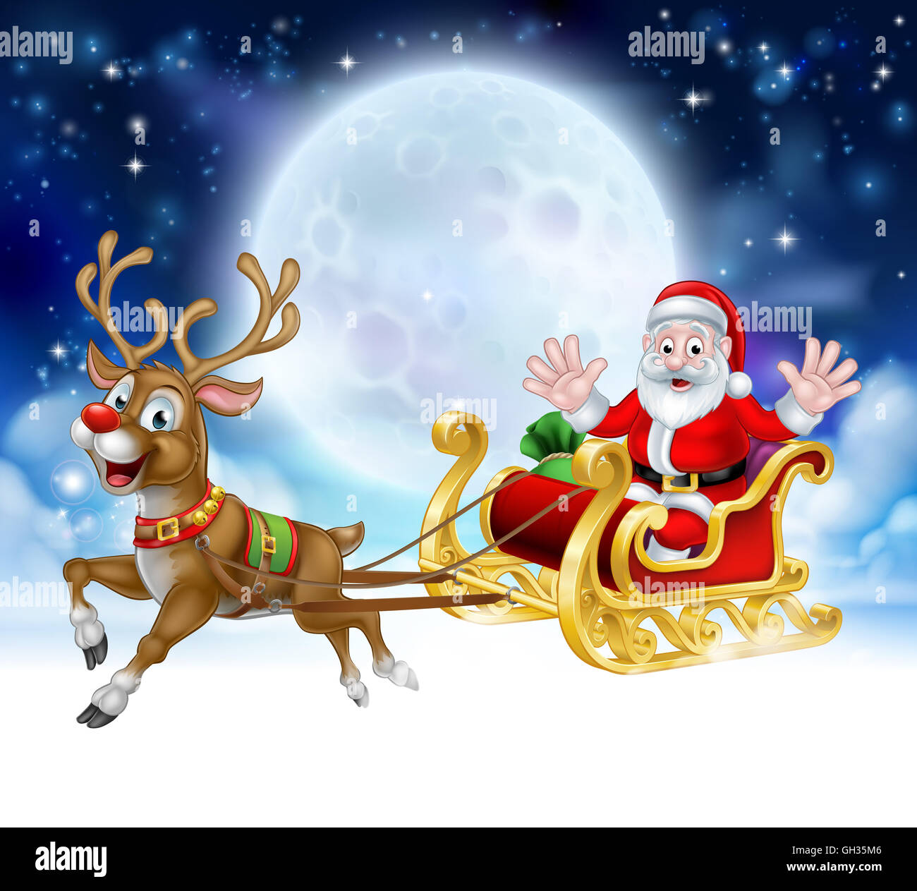 Cartoon Christmas scene of Santa Claus character in his sled sleigh with his red nosed reindeer flying in front of a full moon Stock Photo